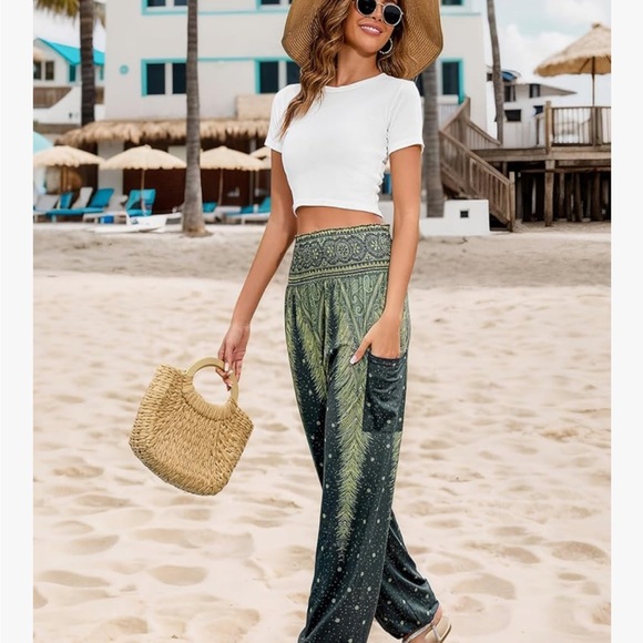 Green Harem High Waist Yoga Boho Trousers with Pockets - Picture 6 of 9